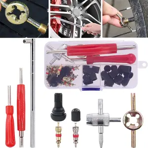 65 pcs Tire Valve Stem Tool Puller and Installer Kit- 50 Pcs Valve Cores with Slotted-Head Valve Caps, Tire Stem Puller Tools,Dual Single Head Valve Core Remover and 4-Way Valve Tool