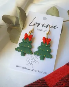 Lorena Jewelry Xmas Trees Earrings Gold Plated Hardware Nickel Free Lightweight Polymer Clay Design Unique Handcrafted Finish