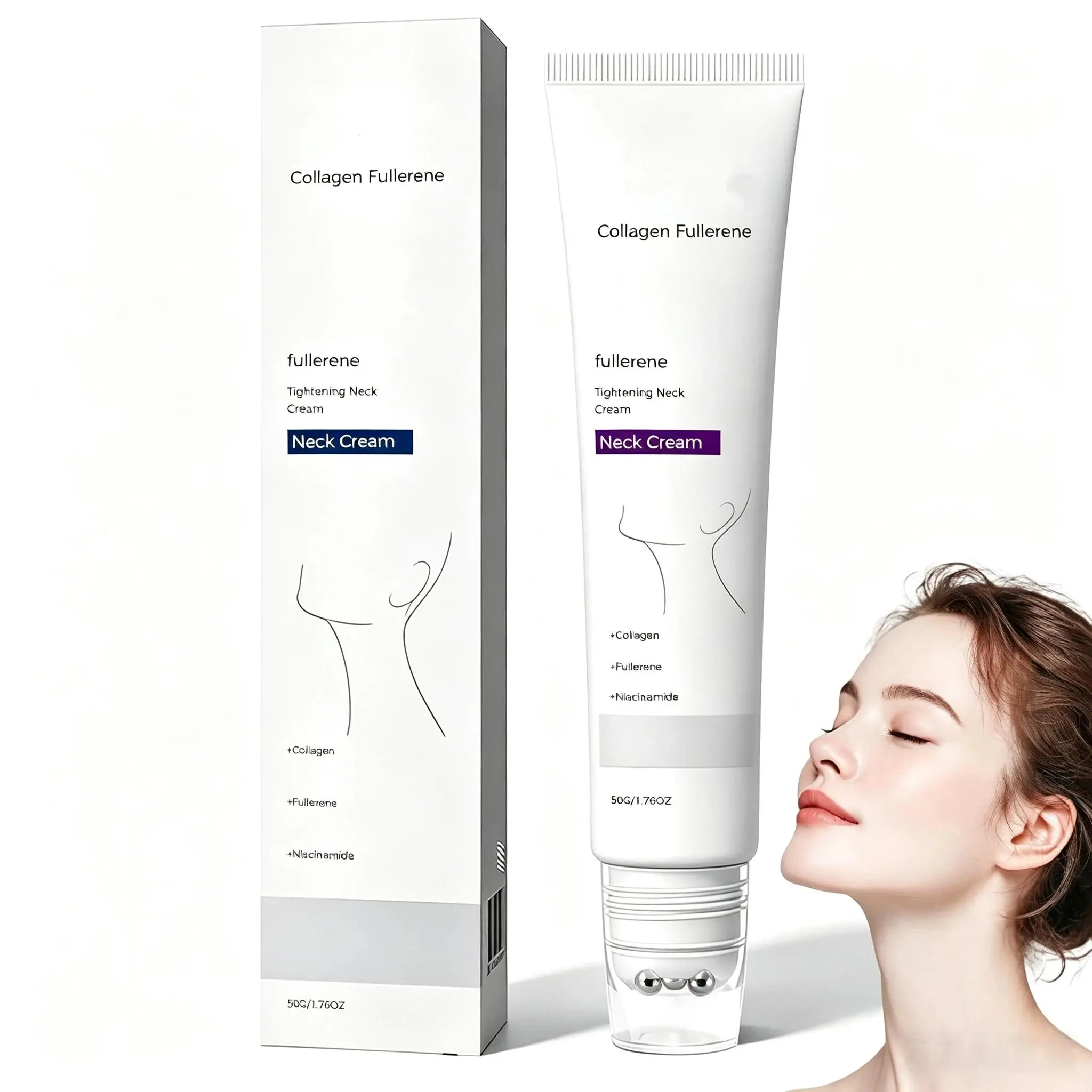 Collagen Neck Firming Cream with 5-Ball Roller Massager - Anti-Wrinkle Formula for Smoother Skin, Compact Body Care for All Skins (0.71 oz), Apply Daily