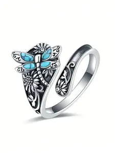 Retro Bohemian Style Silver Sunflower Ring, Vintage Rings, Dragonfly/butterfly Spoon Ring, Ladies' Victorian Style Floral Jewelry, Party Gift, Anniversary Souvenir, Adjustable