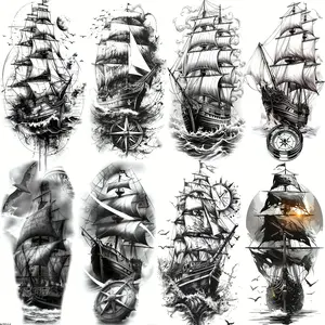 8 Sheets Cool Pirate Ship Compass Temporary Tattoos, Long Lasting Realistic Fake Tattoo Stickers, Waterproof Forearm Sleeve Decals