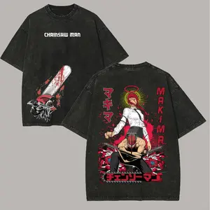 Men's Chainsaw Man Makima Printed Unisex Round Neck Short-Sleeve Washed Distressed T-Shirt, Casual Sportswear Streetwear Top, Festive Style