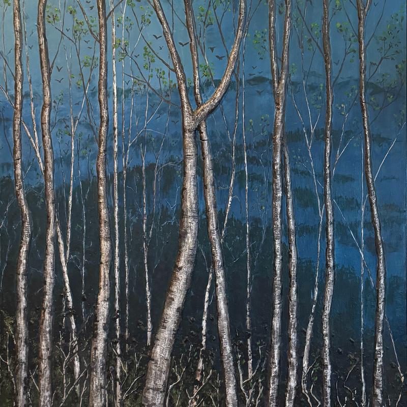 "INTO THE WOODS" Large Acrylic, Oil and Relief Work wall hanging-painting by artist Vanessa Riggs