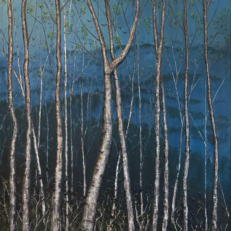 "INTO THE WOODS" Large Acrylic, Oil and Relief Work wall hanging-painting by artist Vanessa Riggs