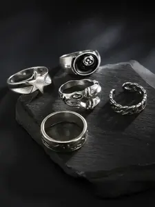 5-piece punk-style antique silver eagle claw ring set, retro punk style rings, designed with 8-ball, hexagram and eagle claw elements, antique silver unisex jewelry, Dark Aesthetic Rings