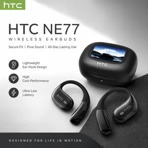 HTC NE77 Wireless Earbuds Open-Ear Headphones, Bluetooth 6.0 Headphones, Long Playtime, Sports Ear Buds with Earhooks and Mic, LED Touchscreen Display Bluetooth Earbuds, Touch Control, HD Sound Quality, Waterproof Earphone for Workout/Running