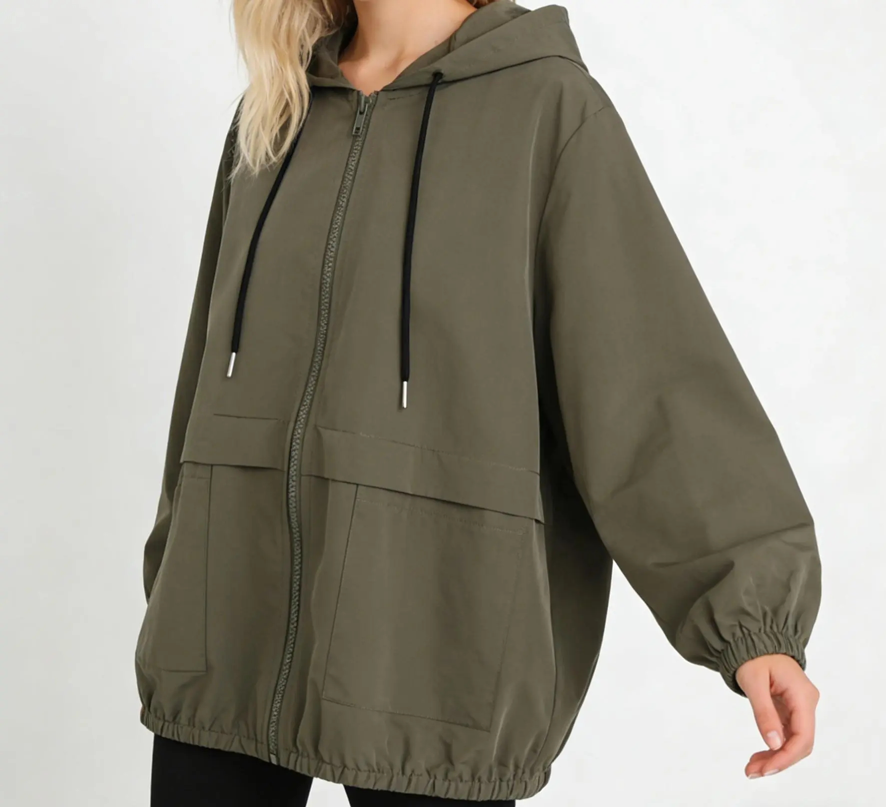 Women's Baggy Minimalist Windbreaker Jacket in Breathable Twill with an Adjustable Hood and Large Pockets for Outdoor Work, Tops, Basic, Hoodie, Casual, Windproof, Drawstring, Plain, Fit, Elastic, Oversized, Loose Fit