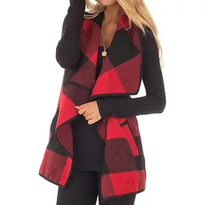 Womens Buffalo Plaid Sleeveless Cardigans Lapel Open Front Plaid Vest Jacket Coat with Pockets