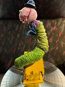 Wormie's Day Out Polymer Clay Sculpture with Wooden Birdhouse Base Hand Painted Folkart Acrylics Resin Finish Dark Whimsical World