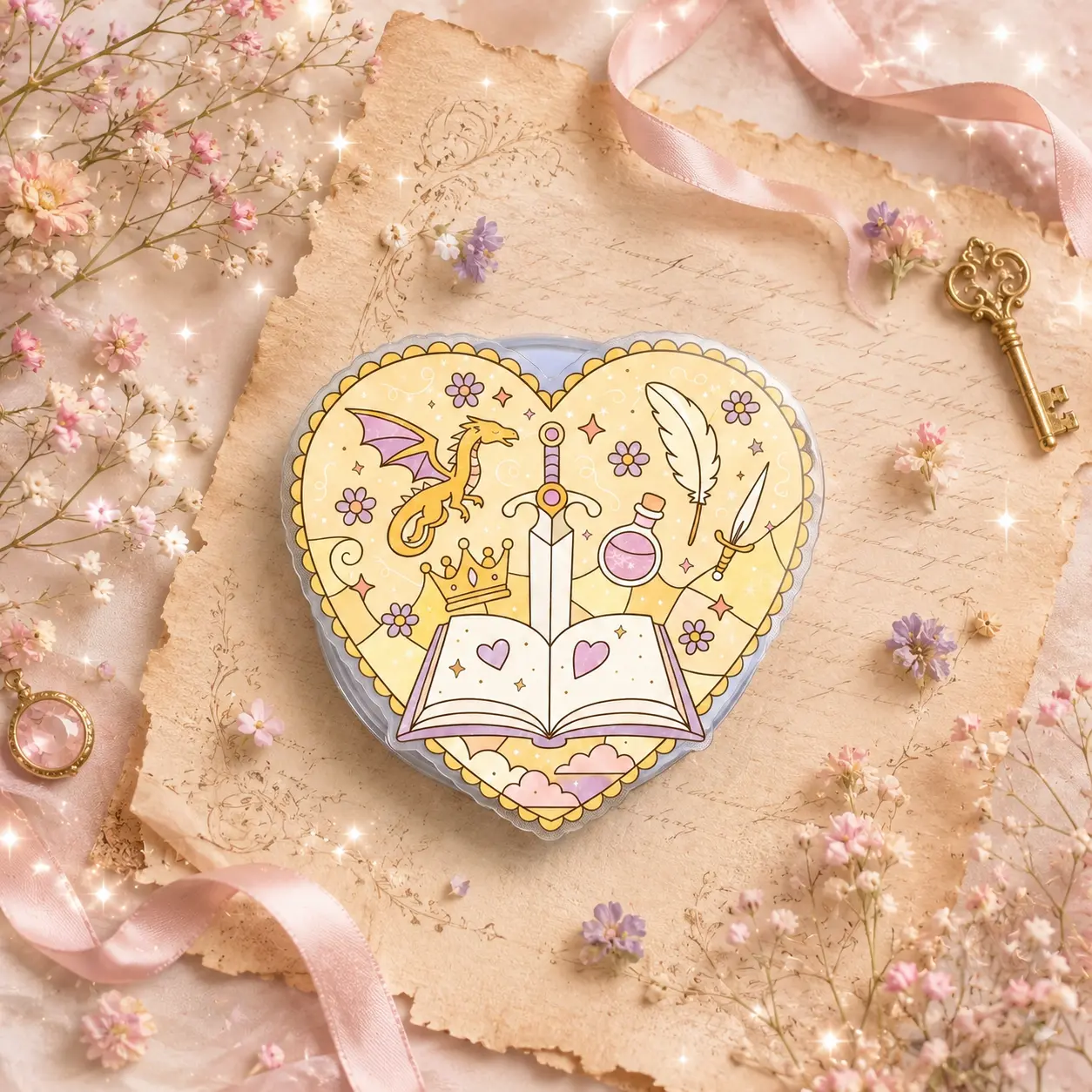 2D Acrylic Fairytale Heart Shape Phone Grip - Fantasy Book & Dragon Theme Expandable Phone Stand Holder Anti-Drop Finger Grip