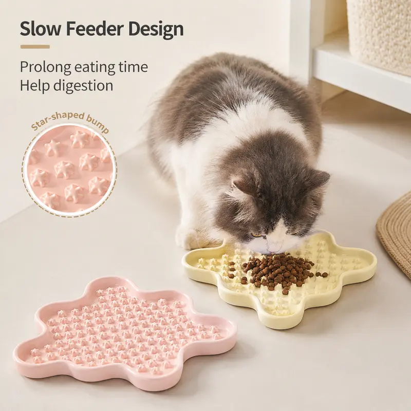 Choke-Safe Slow Feeder Ceramic Pet Food Tray - High-Temp Ceramic, Raised Slow-Kibble Dots, Smooth Dense Surface, 2 Sizes, Prolongs Eating, Helps Digestion, Reduces Choking Risk for Cats