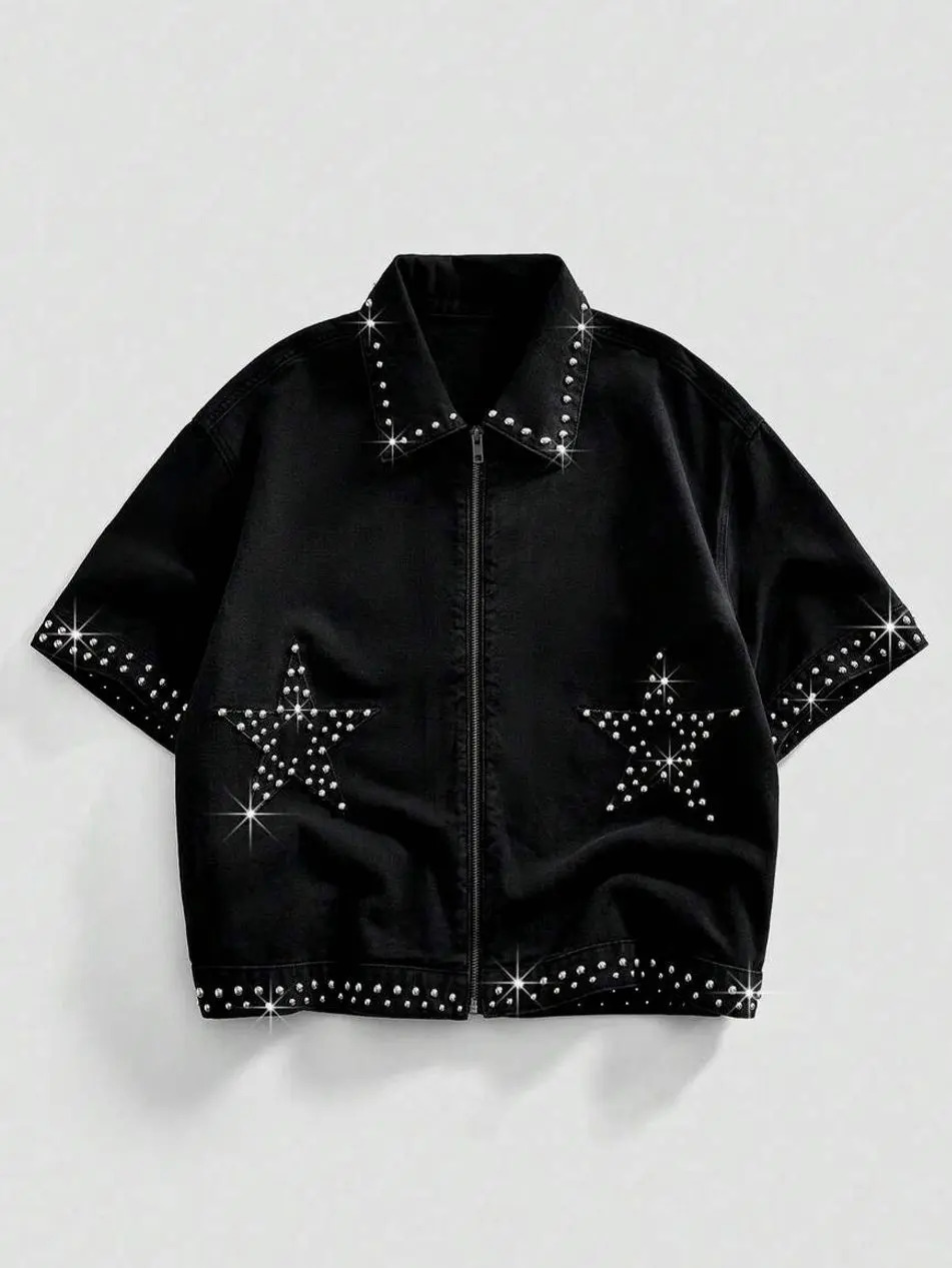 Streetwear clothing - Oversized Denim Jacket, Rhinestones Embellished Vintage Jean trending clothes trending clothing summer clothing summer outfits male clothing vacation outfits streetwear summer men clothes going out outfit streetwear clothing
