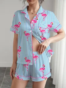 Women's 2-Piece Pajama Sleepwear Set, Striped Flamingo Print, Short Sleeve Button-Up Top and Elastic Shorts, Casual Home Wear