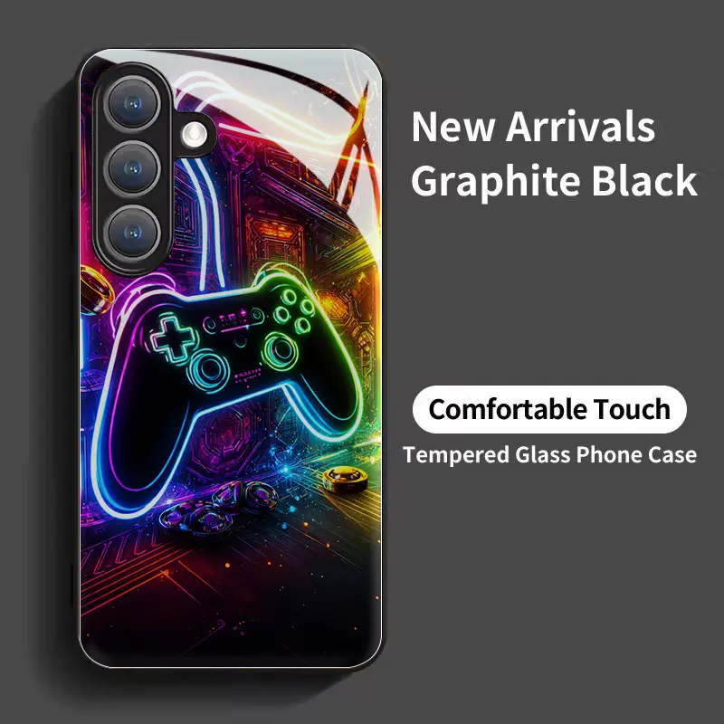 Neon Gaming Controller Tempered Glass Phone Case - Cyber Glow Backlit Design, Protective Casing with Shock-Resist Corners, Stylish Cover for Samsung Galaxy S26/S25/S24/S23/S22/S21/S20/FE/Ultra/Plus and A-Series Devices