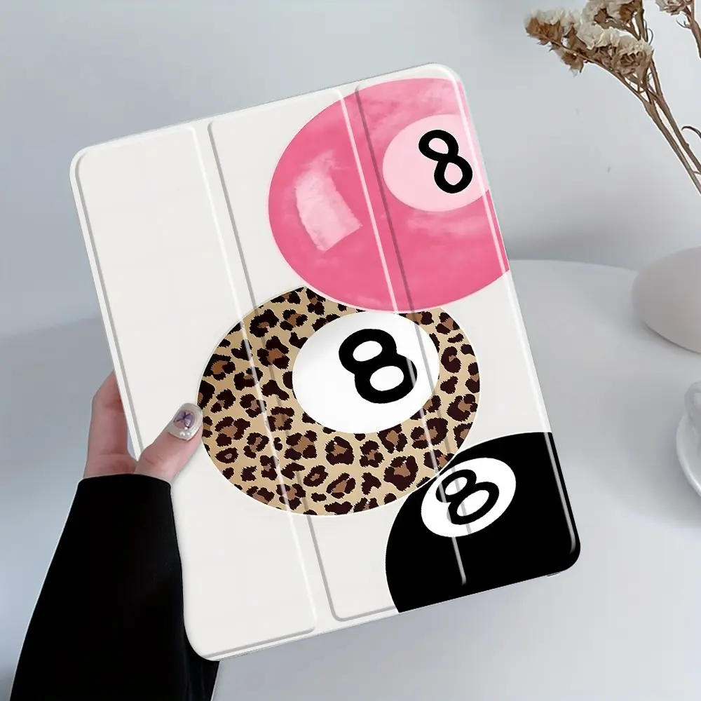 8 Ball & Leopard Print iPad Case, Pink Protective Tablet Cover, Ipad Covers, with Trifold Stand & Auto Wake/Sleep, Pencil Slot & Charger Port, Transparent Acrylic Hard Back, Shockproof Full Cover, Fits 7.9/8.3/10.2/10.5/10.9/11 Inch Great Gift