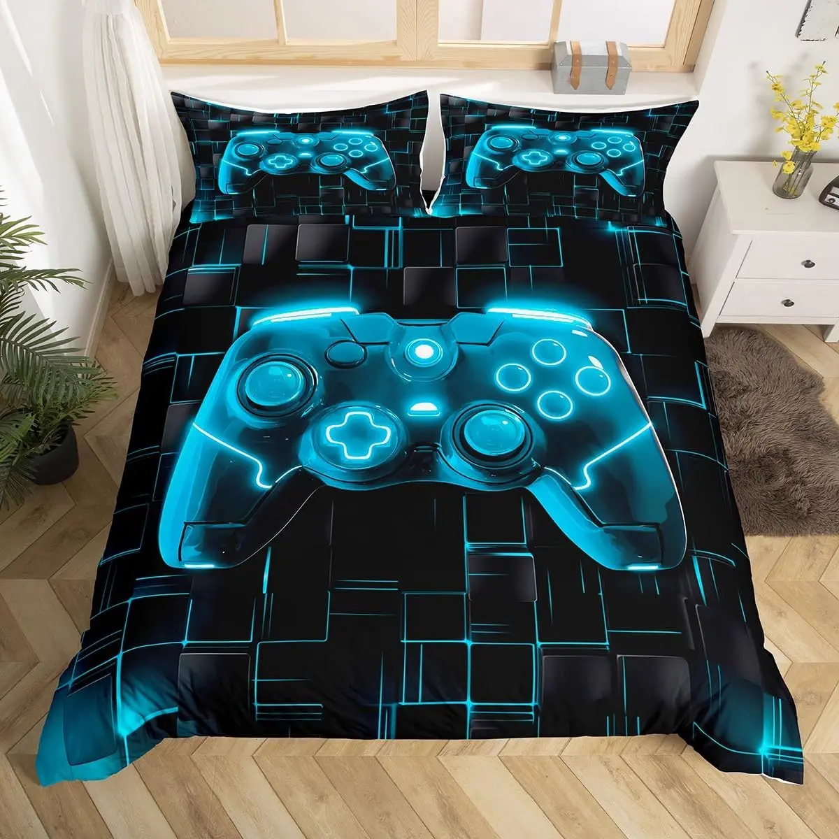 Video Games Duvet Cover Set,Black Blue Grid Gaming Comforter Cover,Modern Gamer Bedding Set Room Decor,Reversible Gamepad Bedspread Cover,,No Comforter Duvetcovers Duvetcoverset