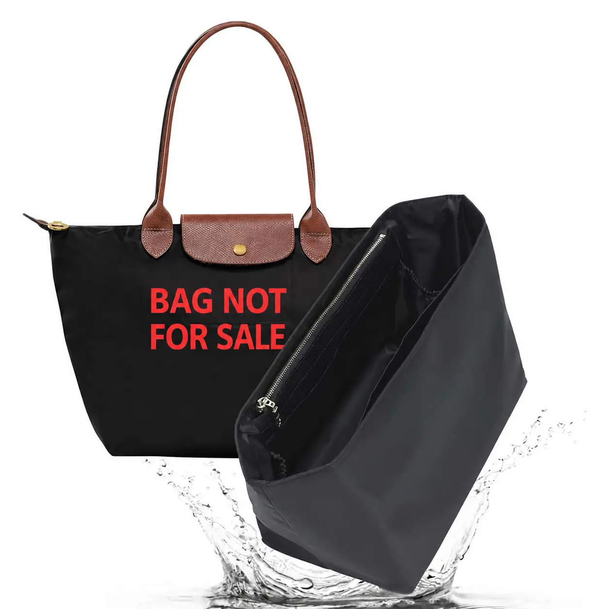 Nylon Purse Organizer Insert - Multi Purpose Organizer for Longchamp Le Pliage Large Tote Bags, Everyday Purse, Work & Shopping, Lightweight, 8 Deepened Compartments, Cup Holder, Zipper Pocket, Divider Shaper, Beige/Black, Easy to Carry