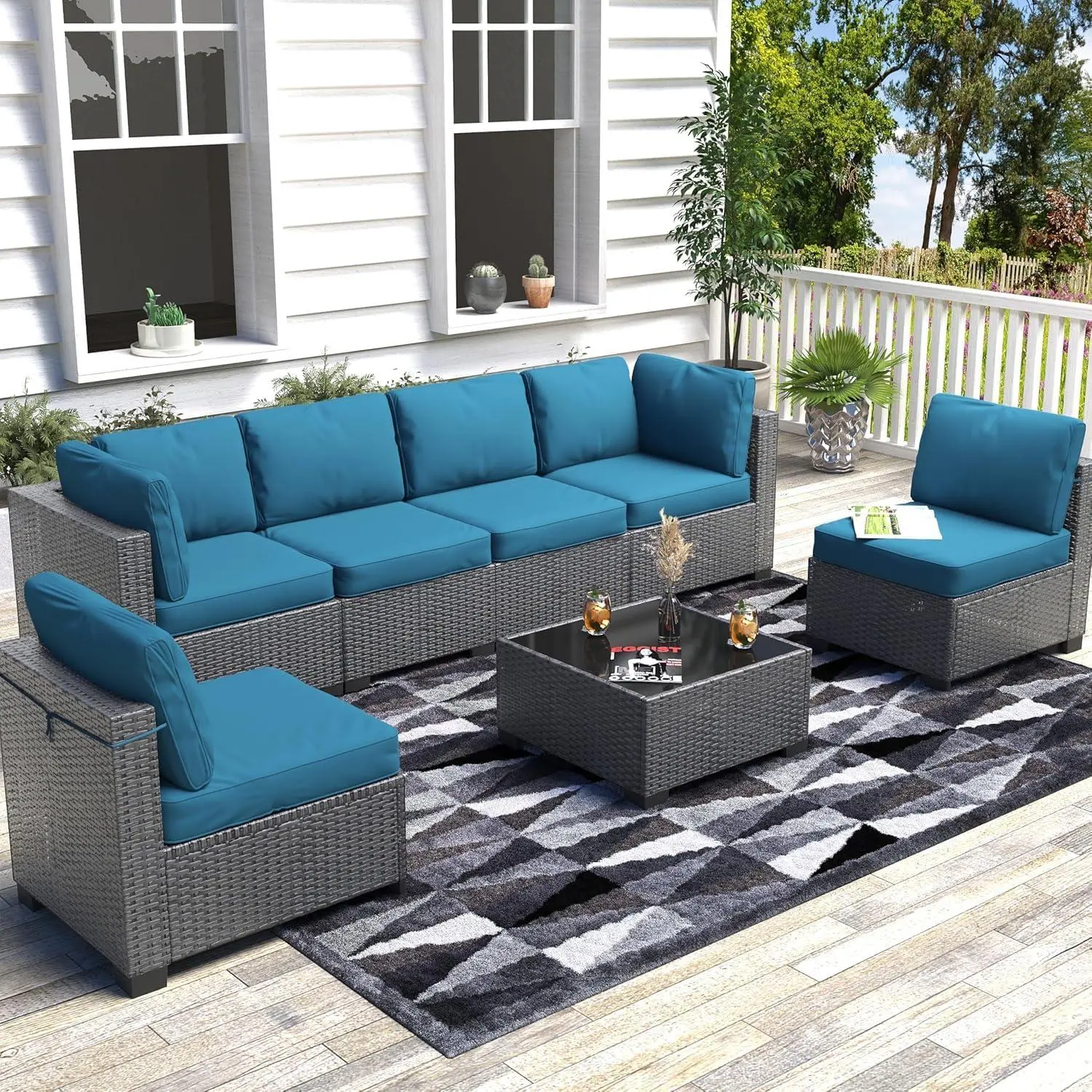 GAOMON 7-Piece Modular Patio Furniture Set, u-Shaped PE Rattan Wicker Sectional Sofa with Glass Coffee Table & Waterproof Cushions, Outdoor Conversation Set for Deck, Backyard, Poolside and Garden