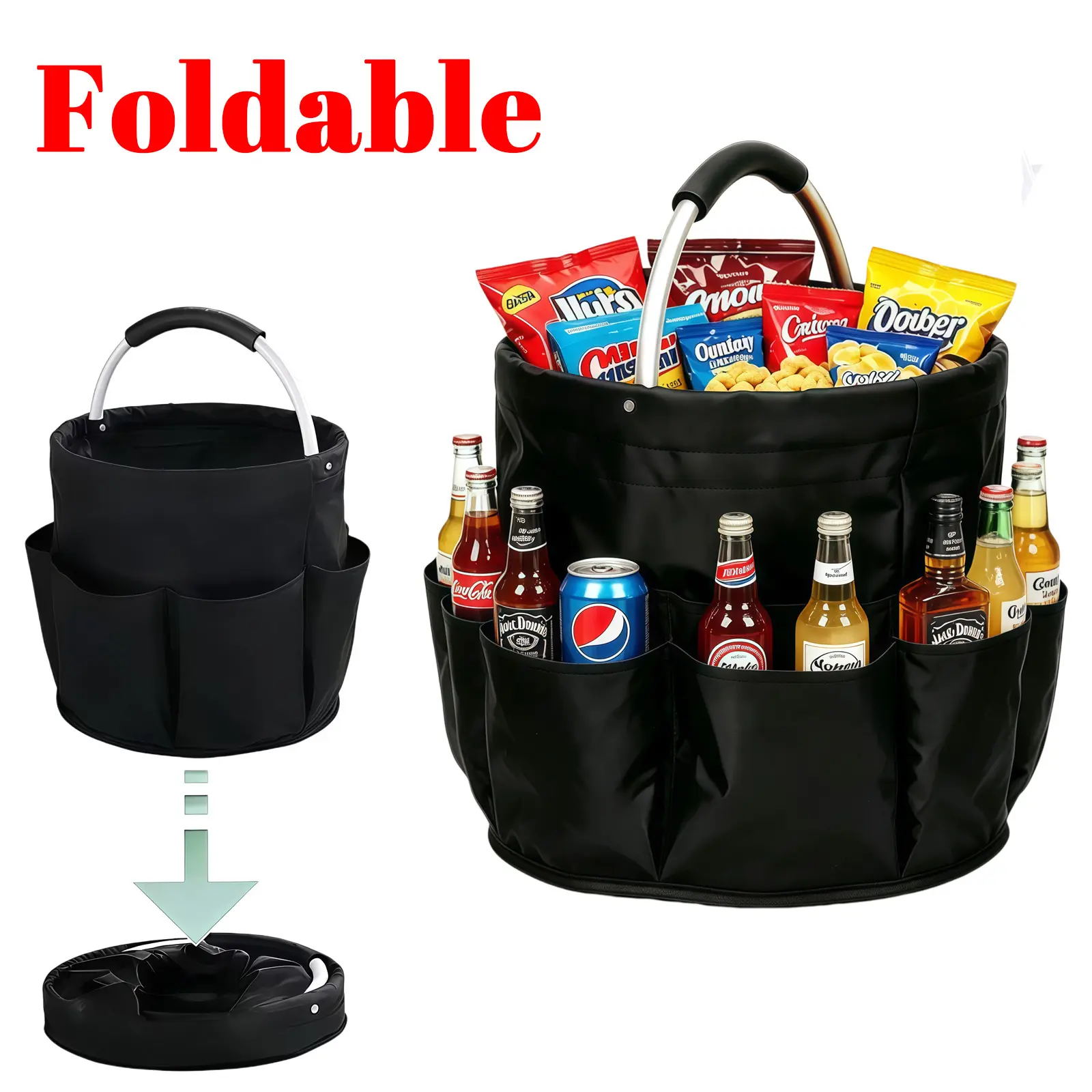 Foldable Utility Tote - Heavy-Duty 600D Oxford Fabric Foldable Organizer with 6-Pocket Multi Pocket Storage, Splash-Proof PE Coating, EVA Liner, Bag Organization Luggage Accessory for Gardening, Cleaning, Foldable Organizer Bags