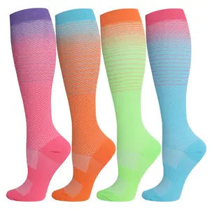 ISUNIE 4 Pairs 15-20 mmHg Rainbow Stripe Compression Socks for Men & Women, Knee-High, Leg Support, Athletic Support, Comfortable Compression, Running, Training, Walking, Outdoor, All-Day Comfort