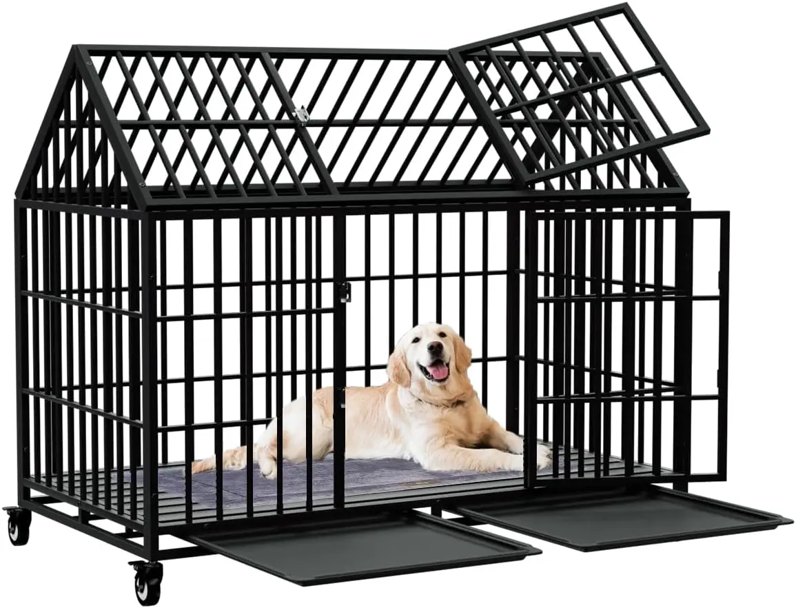 Snuowu 54" Heavy Duty Dog Crate Large Dog cage Strong Metal Dog Kennels and Crates for Large Dogs Top Open with 2 Doors 4 Lockable Wheels 2 Removable Trays