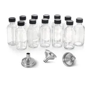12 Pack, 2 oz Small Clear Glass Bottles w/ Lid & 3 Stainless Steel Funnels - 60ml Boston Sample Bottles