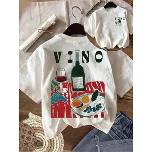 Vino Wine Bottle And Glass Graphic Tee Vintage Art Print Oversized Short Sleeve Crewneck Soft Casual Streetwear Summer Outfit