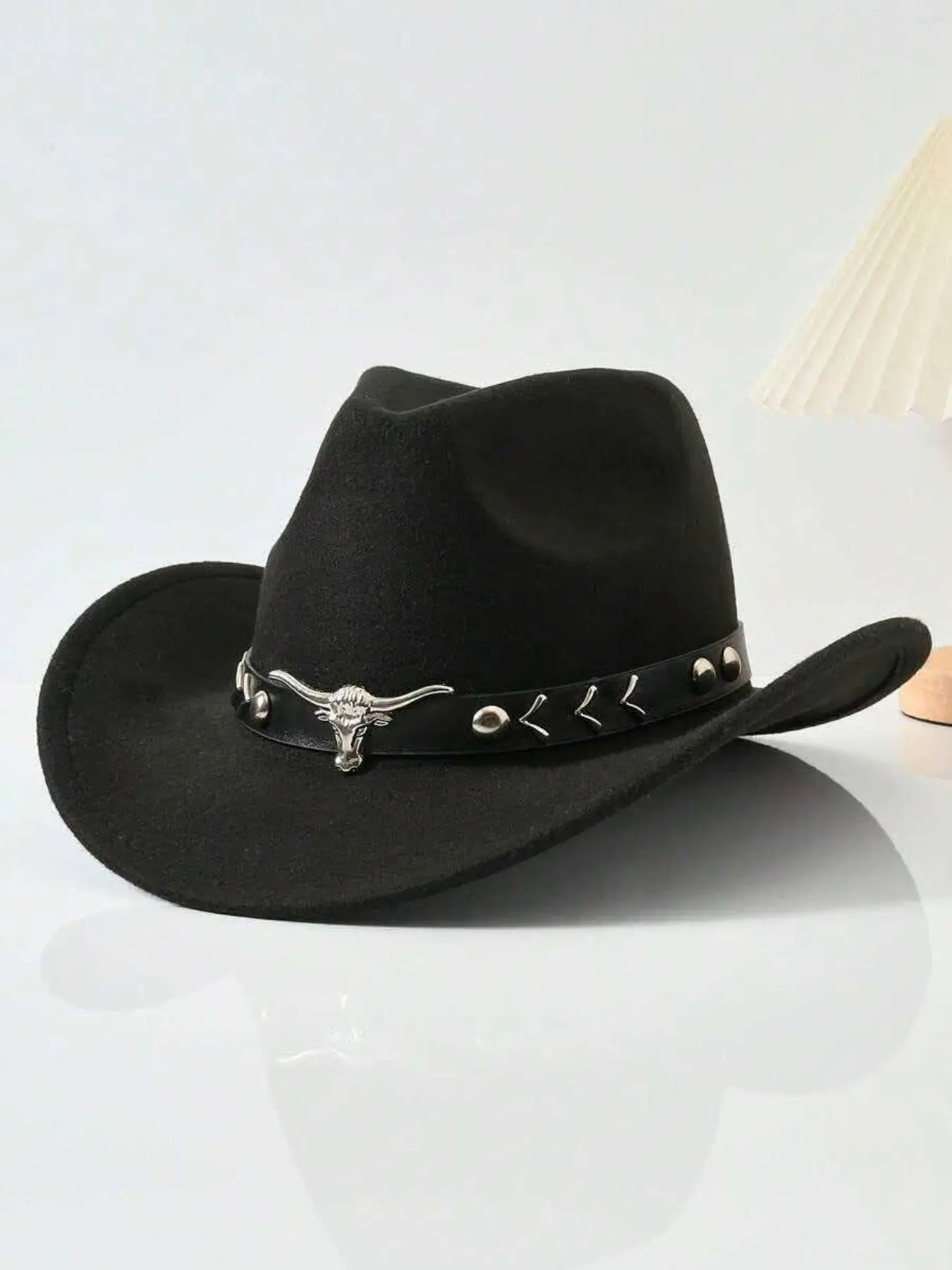 Western Cowboy Hat with Rhinestone Diamond Buckle Belt Fedora Unisex Western Adult Women Cowgirl Felt Wide Brim Hat with Rhinestone Fringe main image 2