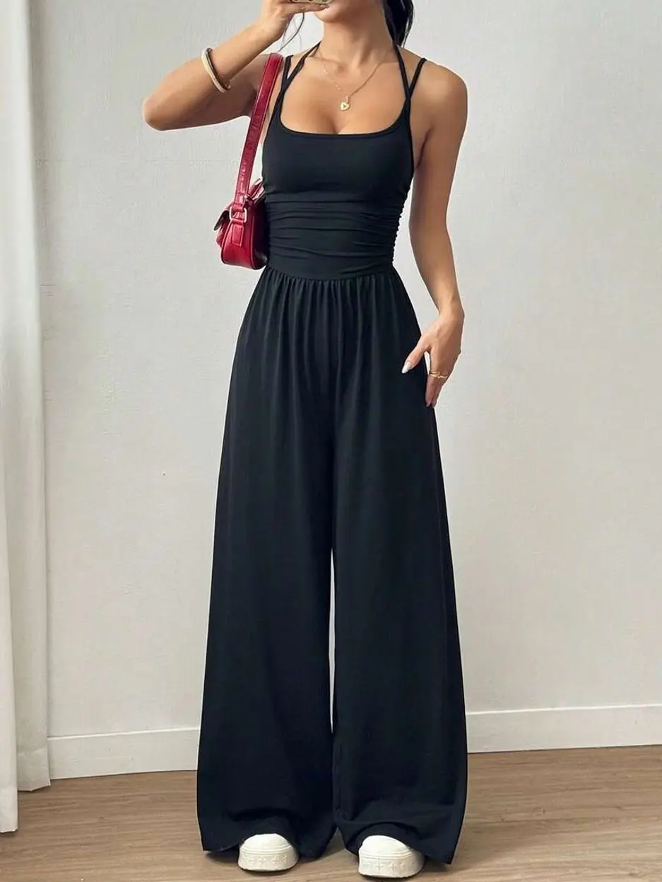 Petite Women's Casual Jumpsuit, Pleated Loose Straight Leg Romper, Versatile All-Season Fashion