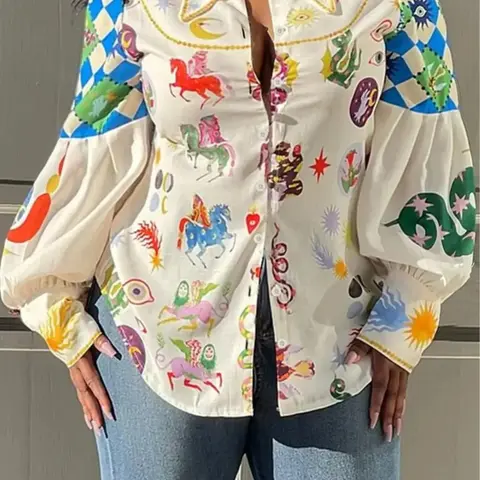 Plus Size Galaxy & Animal Print Button Front Woven Aesthetic Shirt, Retro Lantern Long Sleeve Collared Casual Top, Fall Clothing, Going Out Tops, Gift Set for Women, Womenswear, Everyday, Fitted, Fit, Blouses Shirts Tops