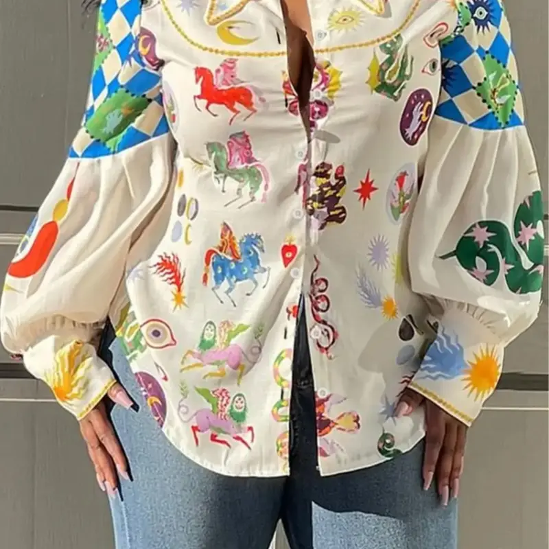 Plus Size Galaxy & Animal Print Button Front Woven Aesthetic Shirt, Retro Lantern Long Sleeve Collared Casual Top, Fall Clothing, Going Out Tops, Gift Set for Women, Womenswear, Everyday, Fitted, Fit, Blouses Shirts Tops