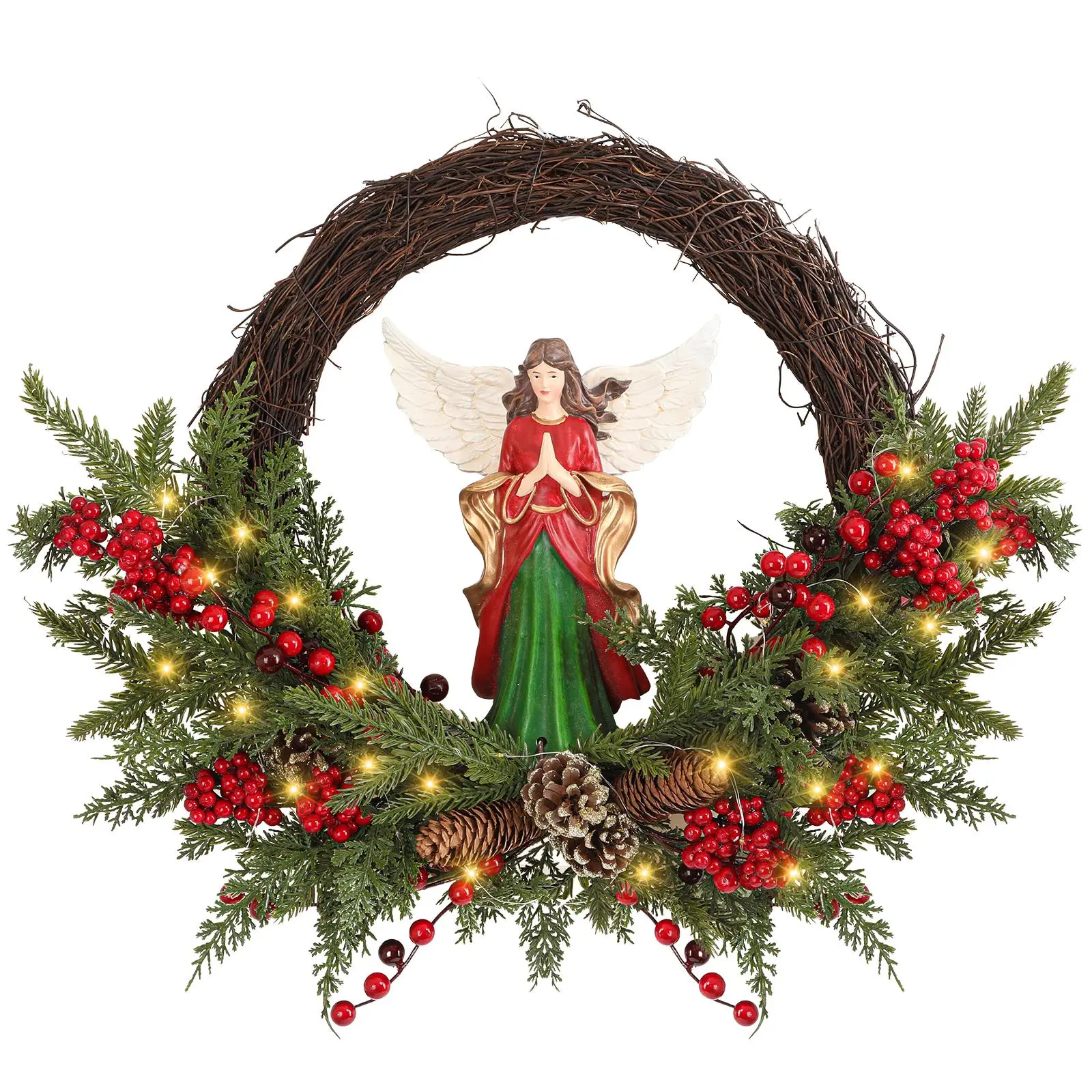 24" Christmas Wreath with Lights Battery Operated Angel Wreath 30 LED Holiday Decor