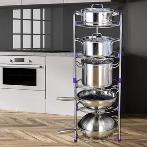 HYGRAD BUILT TO SURVIVE 5 Tier Round Pan Pot Kitchen Rack - Carbon Steel Cookware Stand Organizer Shelving Unit Free Standing Storage For Pans Lids
