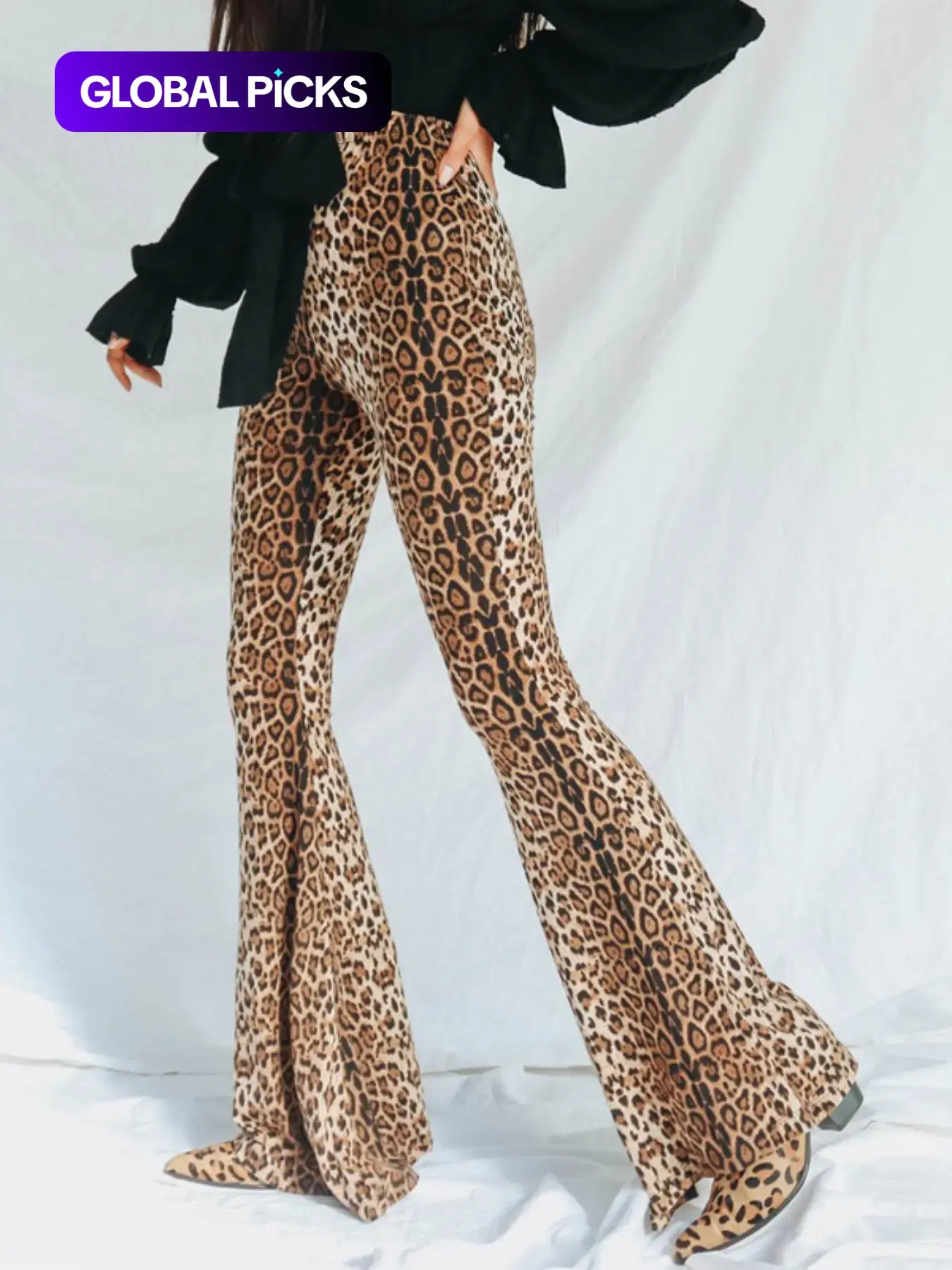Women's Leopard Print High Waist Flare Leg Knitted Medium Fit Pants, Street Style Bell Bottom Trousers For Party Club, Ladies Bottoms For All Seasons, Womenswear