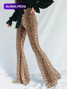women's leopard print high waist flare leg pants, slim fit street style bell bottom trousers for party club, ladies bottoms for all seasons, womenswear, casual chic trousers