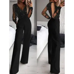 Women's fashionable and sexy black mesh sequin patchwork deep V-neck long-sleeved one-piece slimming wide-leg trousers, suitable for spring and autumn