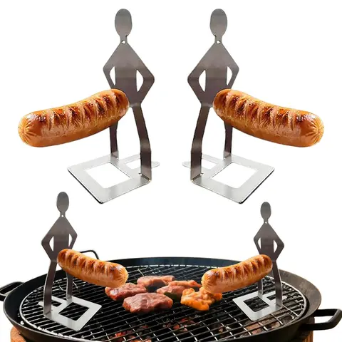 2pcs 100% Stainless Steel Heat-Tough Steel Muscle Man Hot Dog Roaster Rack - Compact, Lightweight, Rust-Resistant, Dishwasher Safe Grilling Accessories for Outdoor BBQ, Campfire; Father’s Day, Birthdays Gag Gift for Men