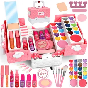 Children's Make-up Set with Fold-Out Storage Case Portable role-play toy, 45 pieces per set including powder puff, lipstick, eyeshadow, make-up brushes, cosmetic mirror, nail file and more, Kids Vanity. An excellent gift choice.