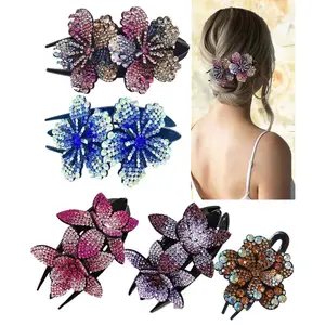 5PCS Retro Rhinestone Flower Hair Clips - Large Double Flower Duck-Billed Clips, Sparkling Elegant for Weddings & Daily Wear