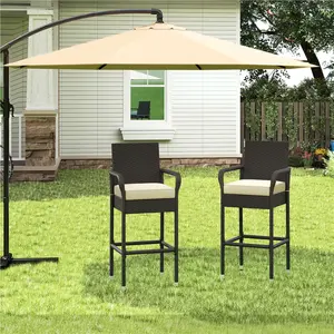 Yaheetech Outdoor Bar Stools Set of 2, Patio Wicker Chairs with Armrests, Footrests, Cushion for Porch Garden Balcony Backyard, Brown/Beige