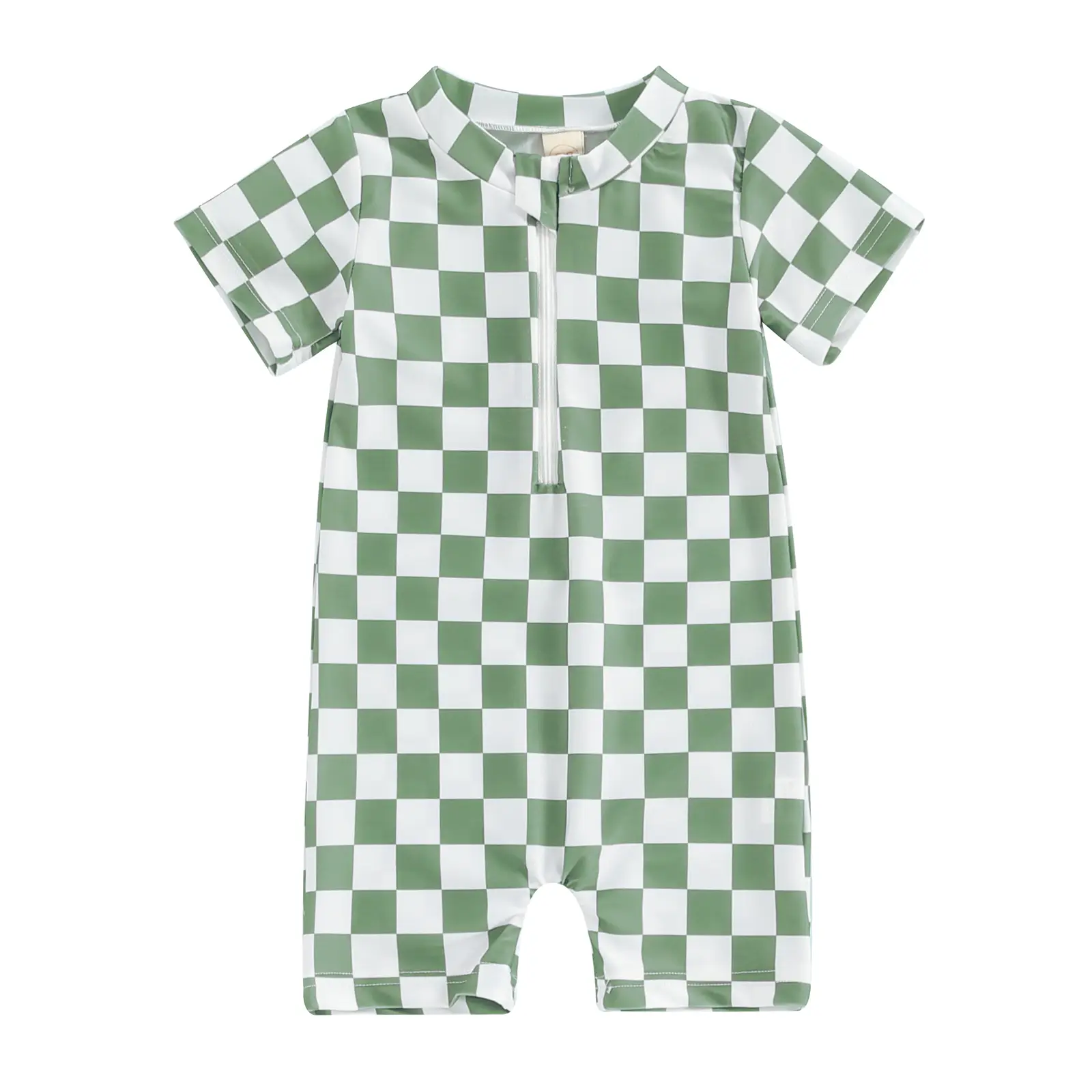 Toddler Baby Boy Girl Swimsuit Checkered Swimwear Short Sleeve Zipper Rash Guard Beach Bathing Suit