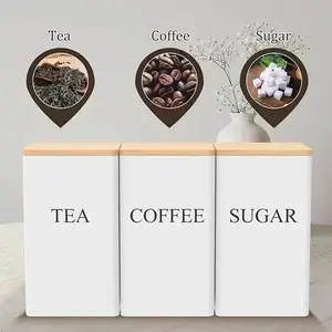 3-Piece Black White Kitchen Storage Canisters, Metal Coffee Tea Sugar Containers for Coffee Station Organization