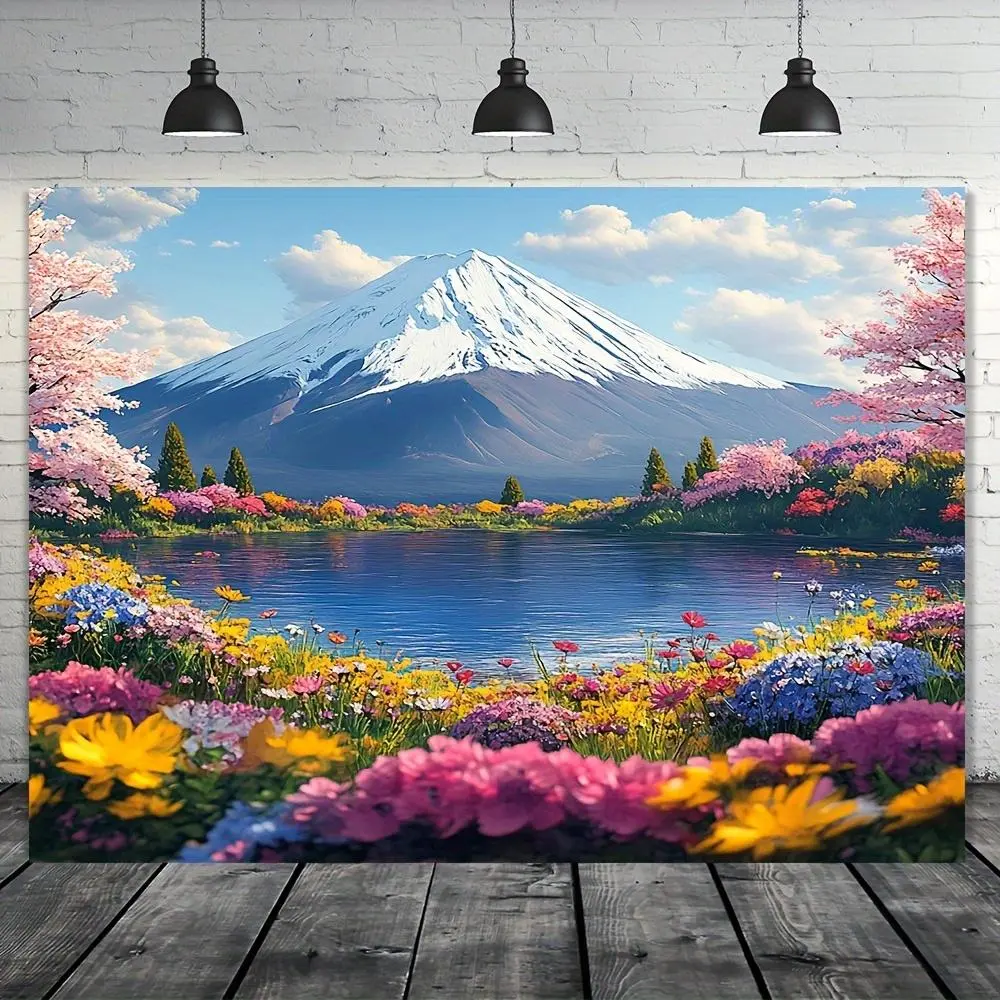 Large Multicolored Reusable Photo Backdrop-Banner, Japanese Landscape with Mountain Scenery, Cherry Blossoms, Floral Lake, Pink Blue Yellow Purple Orange Green White Lavender Wildflowers, No Power Needed, Ideal for Birthday Parties, Party Deco, Party Deco