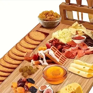 1 Set Bamboo Cheese Board Set, Cheese Tray, Charcuterie Board and Serving Meat Platter with 4 Stainless Steel Cheese Knives, Ideal for Wedding Gifts Christmas Birthday Party