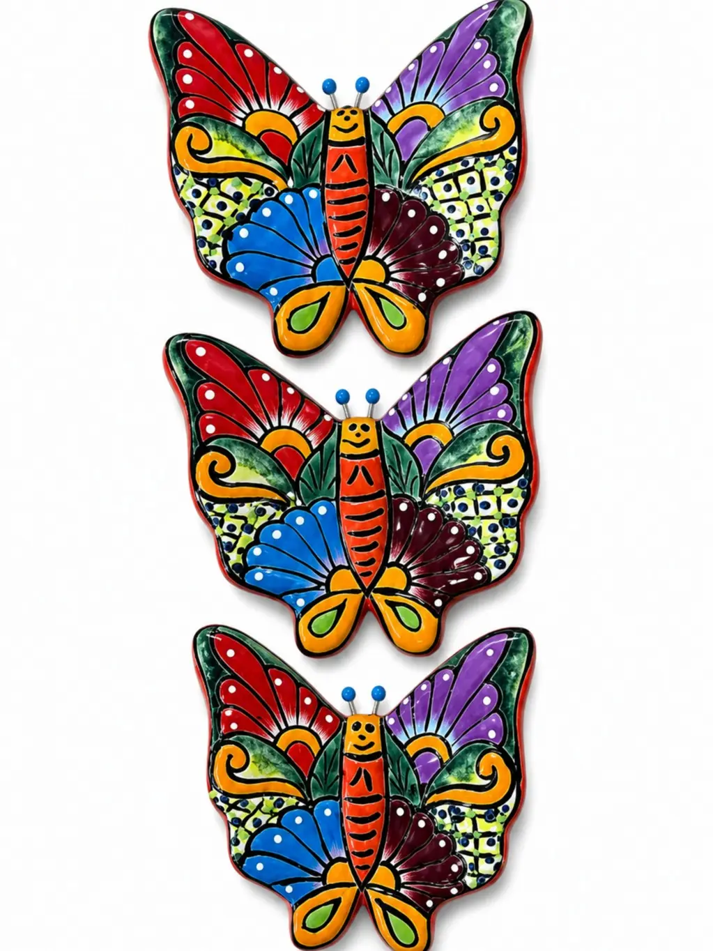 Set of 3 Handmade Talavera Butterfly Wall Ornaments, Colorful Mexican Painted Ceramic Art, Artistic Flower-Themed Home Decor Hanging Decoration