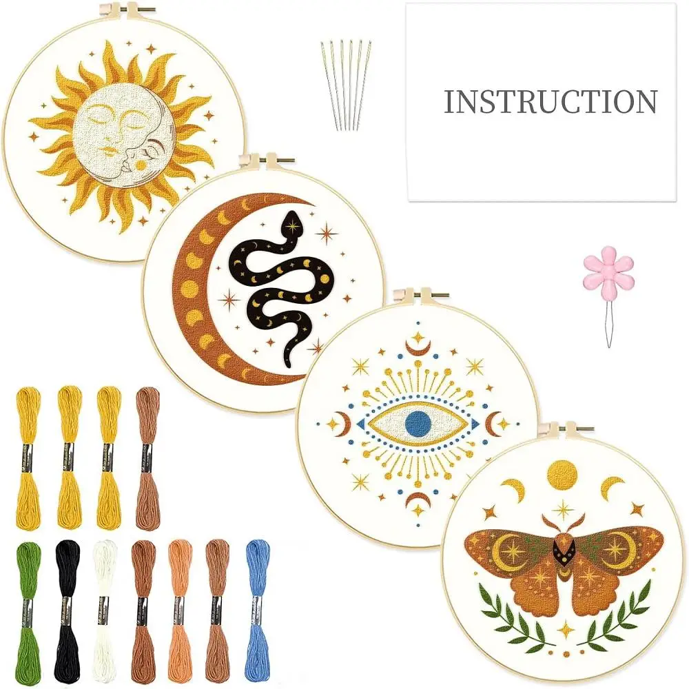 Embroidery Kit, 4 Counts/set Including Embroidery Design Cloth, Embroidery Hoop, Thread and Needle, DIY Crafts Cross Stitch Set for Beginner