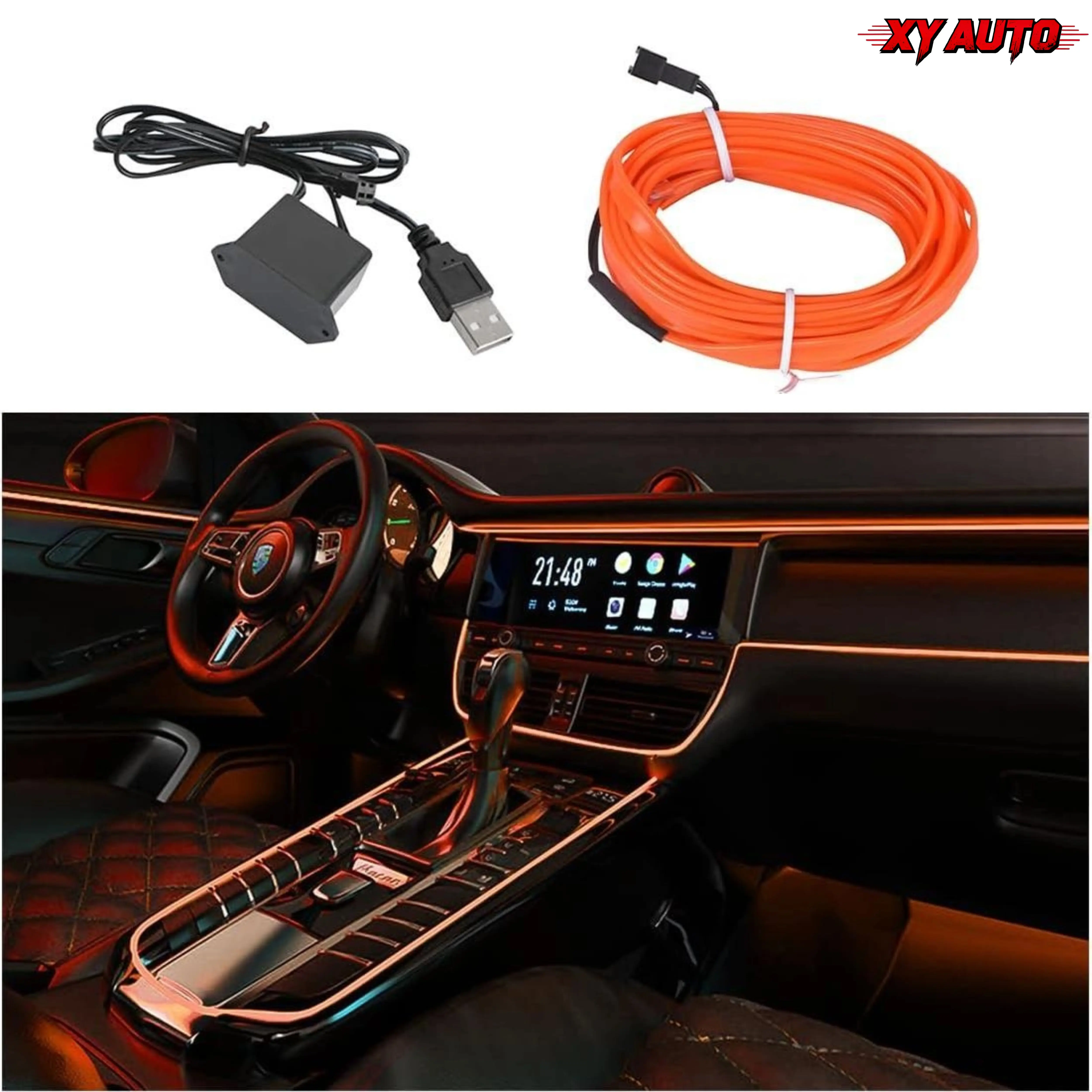 16FT Orange Electroluminescent Car Ambient Lighting Kit, USB LED Neon Strip Lights with Sewing Edge & Fuse Protection, Universal Auto Interior Decoration Accessory