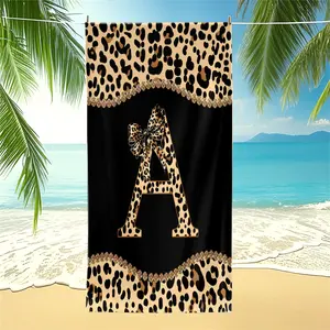 Baddie Style Leopard Print A-D Initials & Bow Print Beach Towel, Y2K Style Rhinestone Design, Soft Quick-Dry Microfiber, Ideal for Pool, Beach, Parties, Perfect Summer Gift