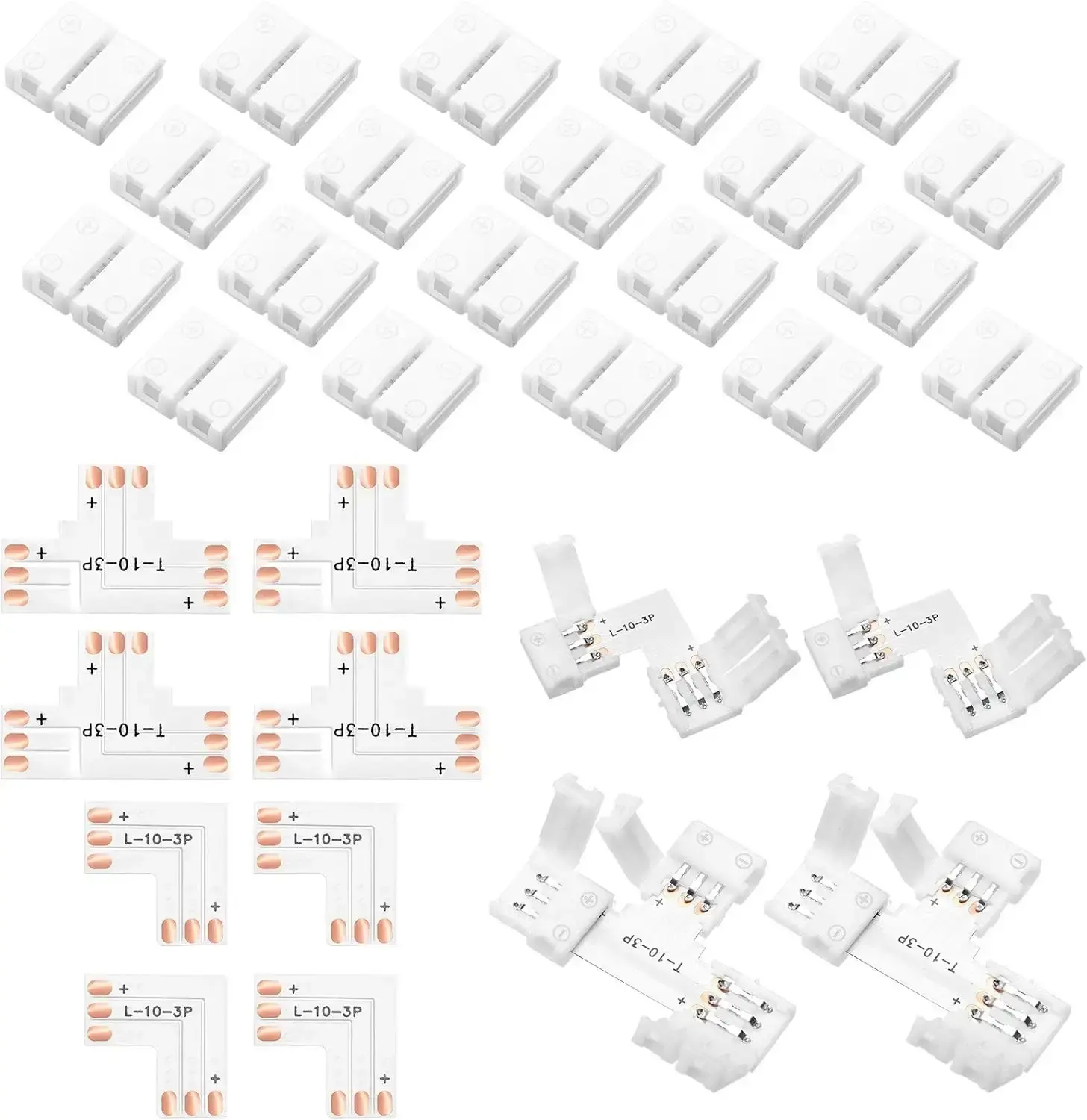 28-Piece Solderless 3-Pin RGB LED Strip Connector Kit Pack - 10mm Straight/L-Shaped, 4 T-Shaped Gap-Less Joints Adapters, 3-Way Extension Links for WS2811 WS2812B SK6812, Home Improvement Lighting Accessory