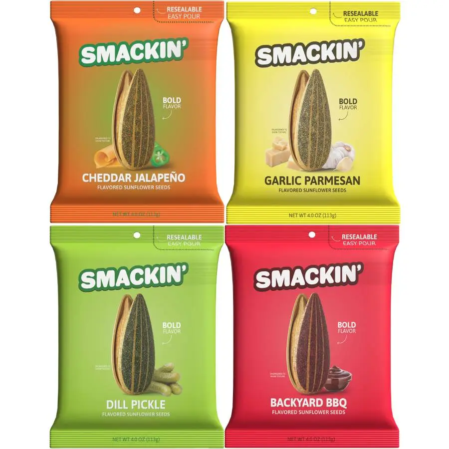 SMACKIN’ Sunflower Seeds 4-Flavor Variety Pack – 4oz Bags Cheddar Jalapeño, Backyard BBQ, Garlic Parmesan & Dill Pickle Snack